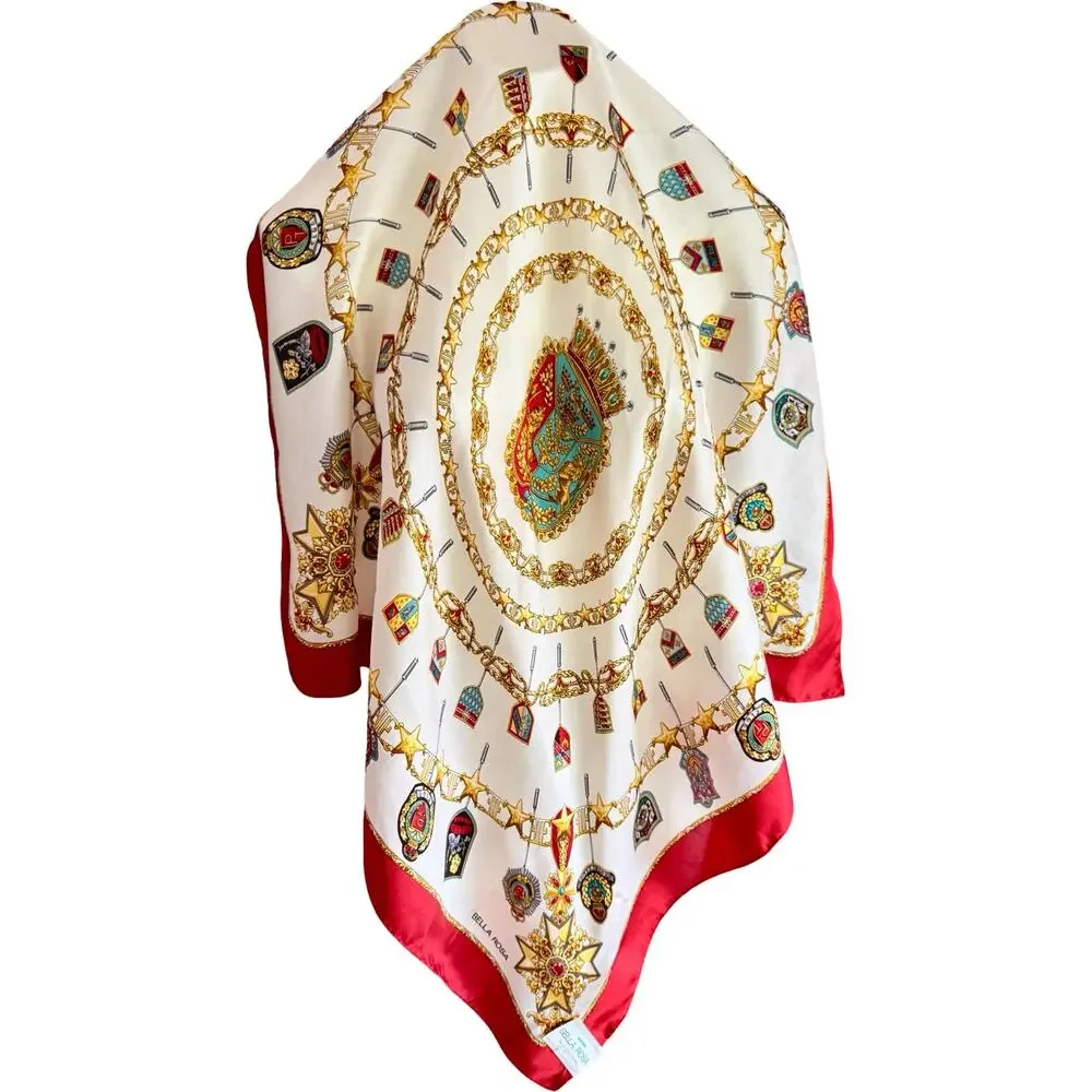 Vintage 1980s Bella Rosa Silk Scarf  Ivory Gold Medal Crest 35” Baroque Heraldic